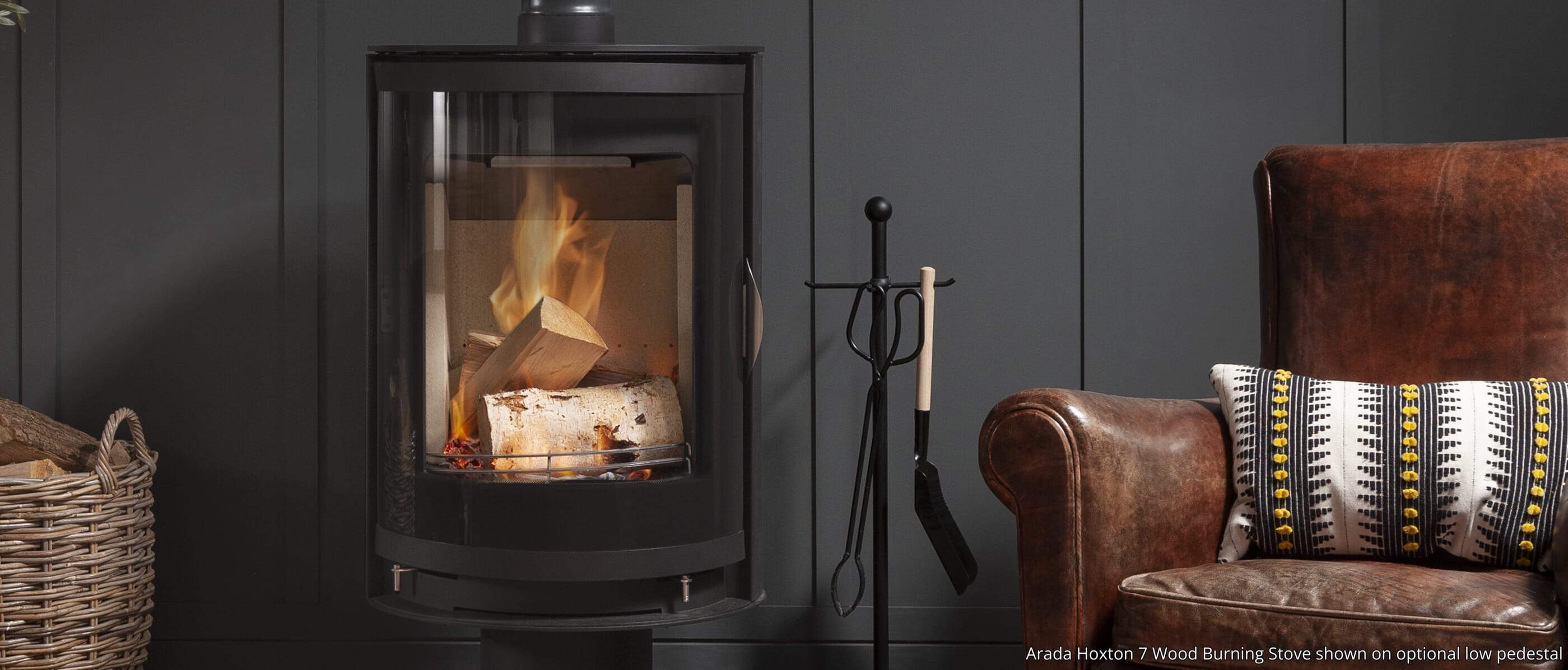 Arada Hoxton 7 Wood Burning Stove shown on optional low pedestal